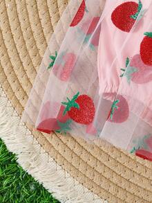 Baby Girls Cute Summer Outfit Set: Strawberry Print Strap With Mesh Strawberry Decor Bodysuit & Headband, Plus Outdoor Sport Wear - Pink - View 5