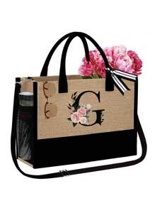 1 set, Bolso de mano tipo tote con estampado de flores con inicial A y correas para el hombro & Set de bolsas de maquillaje con iniciales de la A a la Z, bolso de regalo personalizado con bolsillos laterales, bolso de playa con pañuelo, bolsos de almacenamiento portátiles y de ocio, bolsas de compras multifuncionales, bolsa de almacenamiento simple para viajes