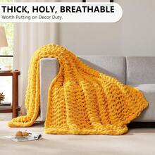Chunky Knit Blanket - Soft Chenille Yarn Throws 40x50: Handmade Thick Cable Crochet Blanket - Large Chunky Yarn Rope Knot Throw For Couch, Sofa, Bed Home Decor - 芥末黃 - 查看 5