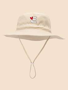 1 pieza Sombrero de sol para niños con patrón de corazón y letra, con cordón ajustable a prueba de viento, estilo casual tipo cubo para uso diario al aire libre, playa, protección solar - Beis - Ver 2