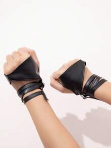 1 双嘻哈风格 PU 皮革露指手套，适合音乐节佩戴 - 黑色 - 查看 4
