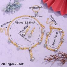 Conjunto de 4 joias femininas de pérolas artificiais em formato de folha de luxo, 1 colar com pingente + 1 par de brincos + 1 anel aberto + 1 pulseira, feito de liga de zinco com pérolas artificiais, elegante e chique, adequado para uso diário, festas, casamentos, feriados, pode ser presenteado para aniversários, festivais