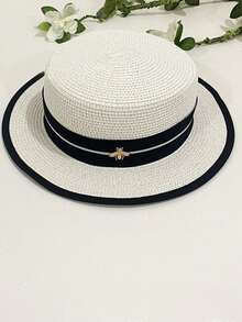 1pc Women's Solid Color Straw Hat, Casual Boho Vintage Royal Style Street Elegant Straw Hat, Summer Beach Sun Hat, UV Protection, Suitable For Everyday Outings - A - View 7