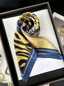 1pc Luxury Brand Leopard Print Scarf, Women's Faux Silk Square Scarf, Casual Versatile Decorative Neckerchief, Suitable For Dresses