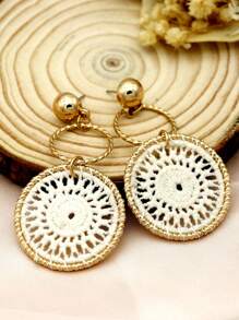 1 Par de pendientes de mujer de estilo francés, casuales y elegantes, con círculo de hierro geométrico con tela tejida a mano, pendientes de moda para fiesta y uso diario