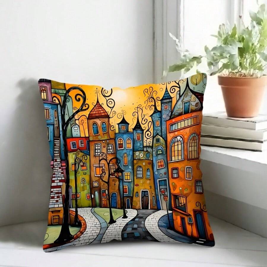 1 chiếc vỏ gối trang trí họa tiết nhà cửa nhiều màu sắc, chất liệu vải polyester in họa tiết phong cách trung cổ, có thể giặt máy, có khóa kéo tháo rời, thích hợp để trang trí nhà cửa và làm quà tặng ngày lễ, kích thước 44,96 x 44,96 cm. - Nhiều màu - Xem 1