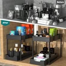Under Sink Organizers And Storage, 2 Tier Pull Out Bathroom Cabinet Organizer With 5 Hooks 2 Hanging Cup Cabinet Organizers,Multi-Purpose Pull-Out Storage Organizers For Kitchen Bathroom Mother's Day Holiday Gifts-1Pack