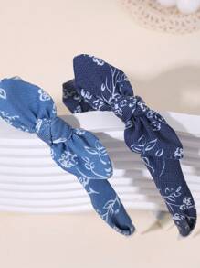 2 piezas Diademas azul vaquero para niñas, vinchas con lazo y estampado de flores, tocado vintage elegante y sencillo, regalo de fiesta para niñas, aros para el cabello, accesorios para el cabello de niños