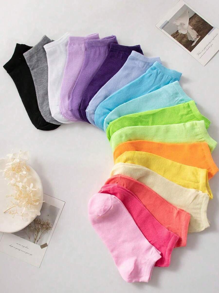 10 Pairs Children's Boat Socks Short Socks, Solid Color & Floral Print Patterns, Odor Resistant, Absorbent, Casual, Suitable For Students, Adults, Sports, Festivals, Daily Use. Assorted Colors & Styles Delivered Randomly - Multicolor - View 1