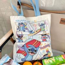 Disney Bolsa de almacenamiento con puntada, bolso de hombro de lona - Bolso grande de estilo Kawaii con lona resistente al viento, ideal para ir al trabajo, compras y almacenar objetos pequeños, diseño lindo y casual para uso diario