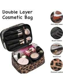 1 件时尚百搭豹纹化妆包，双层旅行化妆包，洗漱包非常适合日常和节日使用，送给女性的礼物创意独特的礼物。