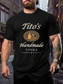 Sport Size Plus Men's T-Shirt With "Tito's Handmade Vodka" (Handmade Vodka), Men's T-Shirt With Round Neck, 220 G/M², For Summer, Made Of Pure Cotton, Short Sleeves (1 Piece) - 黑色 - 查看 1