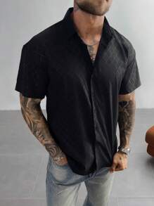 Men's Dress Shirts,Solid Color Geometric Diamond Check Short Sleeve Shirt,Button-Down Business-Casual Shirts With A Regular Fit, Which Are Highly Suitable For Wearing At Wedding Parties, At Work Or In The Office,For Father's Day Gift