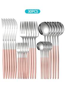 Elegant Stainless Steel Tableware Set, 5/20/30pcs - Western Cutlery Set Includes Dining Knives, Table Forks, Dining Spoons, Teaspoons, Dessert Forks, Forks For Salad/Appetizers/Dessert, And Mini Spoons For Coffee/Tea/Dessert/Cake/Stirring/Fruit/Ice Cream, Perfect For Restaurant, Hotel, Wedding, Festival Gifts, Kitchen, Christmas Gift - Dishwasher Friendly, Kitchen Supplies,School Supplies
