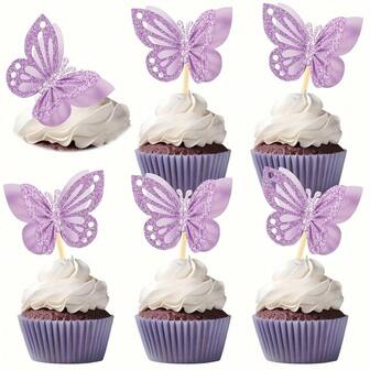 24/12/6 Piezas Decoraciones en forma de mariposa 3D para cupcakes, adornos de papel con brillo de doble capa para pastel, perfectos para bodas, cumpleaños, despedidas de soltera, revelación de sexo - Decoración universal de fiesta de princesa sin necesidad de electricidad