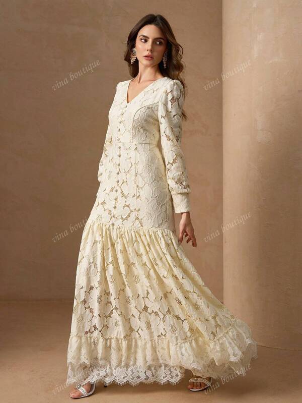 Elegant V-Neck Button Decor Fishtail Hem Slim Fit Women Long Sleeve Luxurious Dress