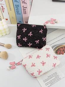 1个可爱荷叶边方形零钱包，带蝴蝶结图案，迷你口红收纳袋，可拆卸蝴蝶结吊坠，便携式拉链化妆包，柔软面料卫生巾收纳袋，时尚手拿包，可收纳钥匙、耳机、硬币、口红、润唇膏、卡片等小物件，适合女生配饰，是大学、邮轮、暑假旅行的必备单品。