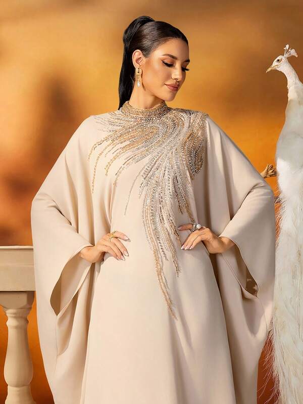 AmazingHoney Luxury Champagne Kaftan Dress With Heavy Sequin Embellishment, Long Sleeve Abaya Gown, Elegant Maxi Dress For Eid, Ramadan, Weddings, Muslim Women Jalabiya, Modest