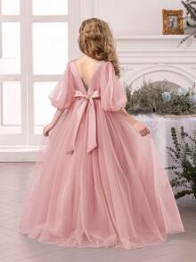 Tween Girl Pink Lace Embroidered Bow Mesh Party Elegant Dress, Princess Dress Suitable For Girls Birthday Party, Banquet, Formal Occasion, Prom, Wedding Flower Girl - 粉色 - 查看 2