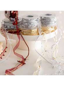 1pc Handmade Beaded Faux Pearl Ribbon, Fresh Flower Bouquet Ribbon, Crafty Ribbon For Gift Wrapping, DIY Cake Box Decor (Excluding Plastic Spool),Christmas - Multicolor - View 4