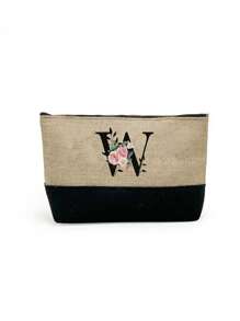 1 set, Bolso de mano tipo tote con estampado de flores con inicial A y correas para el hombro & Set de bolsas de maquillaje con iniciales de la A a la Z, bolso de regalo personalizado con bolsillos laterales, bolso de playa con pañuelo, bolsos de almacenamiento portátiles y de ocio, bolsas de compras multifuncionales, bolsa de almacenamiento simple para viajes