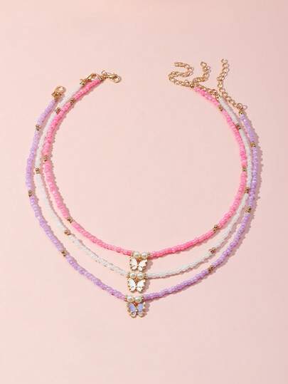 3pcs/Set Girls' Colorful Beaded Heart Necklace Set