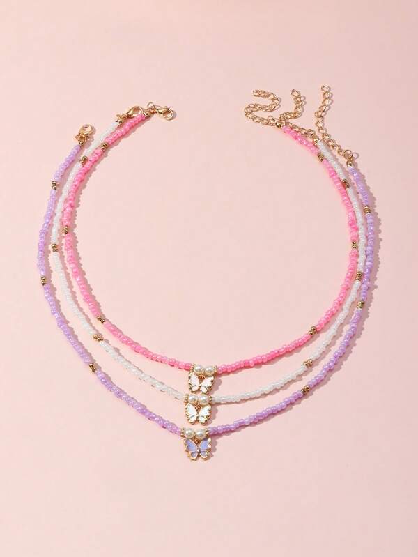Conjunto de 3 peças de colar de coração com contas coloridas para meninas