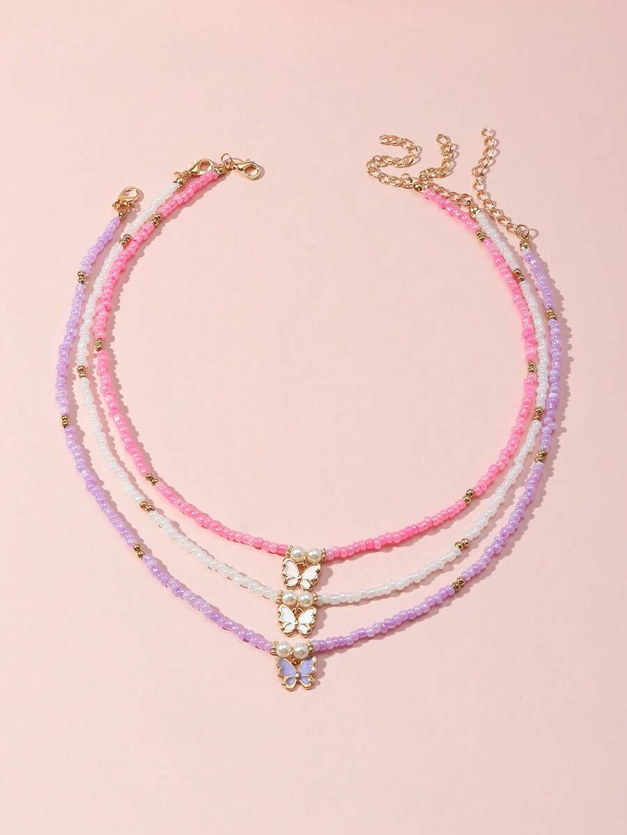 Bộ 3 chiếc/Bộ vòng cổ trái tim đính hạt nhiều màu sắc cho bé gái - Nhiều màu - Xem 1