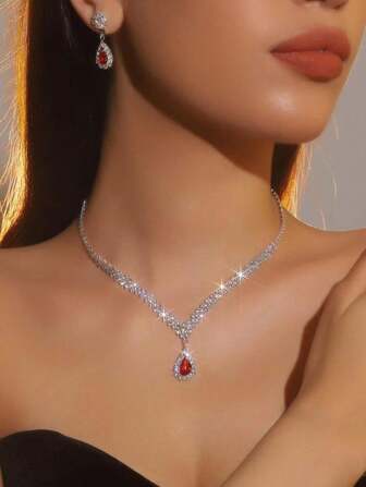 Sparkling Glass Crystal Drop Pendant Necklace And Earring Set, Luxurious Evening Party Women's Jewelry Set, Perfect Gift Set For Necklaces And Earrings