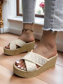 Sandálias Plataforma Femininas Versáteis com Tiras Cruzadas, Sandálias de Solado Grosso Antiderrapante e Impermeável, Salto Anabela para Festa, Férias, Confortáveis e Leves, Sapatos de Praia de Salto Alto, Plus Size - Branco - Visão 10