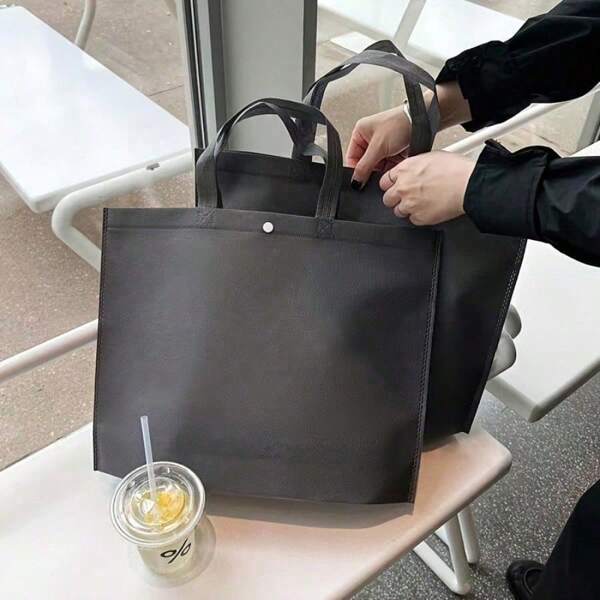 1 Pack Non Woven Tote Bag With Buckle Closure - Thick And Durable Shopping And Packaging Bags For Men And Women, Dark Gray/White