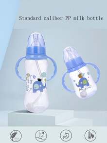 1pc Baby Milk Bottle With Cartoon Silicon Nipple, Shockproof Anti-Choke With Handle, Rotatable, 280ml, Pink Color With Straw And Gravity Ball - Multicolor - View 4