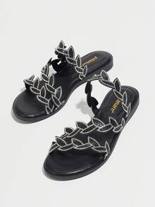 planare Women's Fashion Elegant Black Rhinestone Flat Slip-On Sandals, Suitable For Casual, Party, Date, Daily Commute Matching, Stable And Comfortable Fit, Stylish And Graceful Ladies Flat Slides - Black - View 6