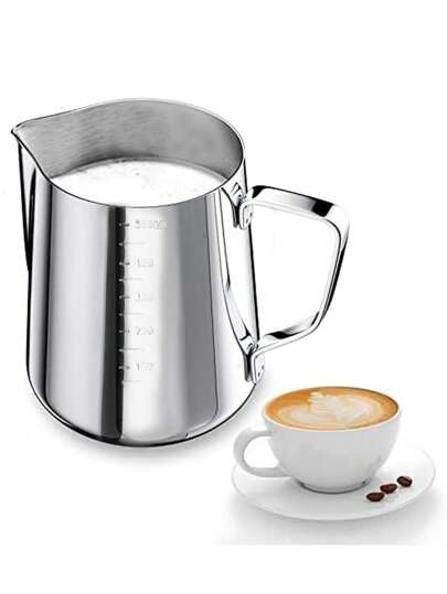 304 Stainless Steel Coffee Latte Art Cup, Stainless Steel Latte Art Can, Milk Froth Cup, Pointed Cup, Fancy Embossed Milk Can, Professional Latte Art Artifact With Scale, Latte Art Cup, Milk Froth Cup, Milk Pot, Cappuccino Latte Latte Art Cup, Milk Tea Mixing Cup, Ounce Cup Coffee (1 Piece) Suitable For Daily Home Use, Beginners And Veterans Of Coffee Latte Art, Offices, Cafes, Hotels, Kitchens, Restaurants, Milk Tea Shops, Etc. Back To School