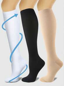 3 Pairs Unisex Compression Knee-High Elastic White Socks For Running, Fitness, Cycling, Basketball, Football, Ice Hockey, Bicycle Riding, Fall - Multicolor - View 18