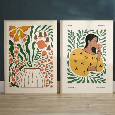 1 件/2 件现代波西米亚风花卉市场墙面艺术装饰海报抽象活力现代花卉植物帆布印刷时尚画作适用于客厅卧室家庭办公室宿舍装饰墙面背景设计图片可选框架