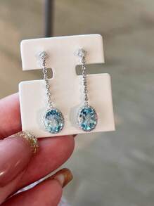2pcs S925 Sterling Silver Original Fashionable Elegant Zirconia Aquamarine Oval Shape Tassel Pendant Earrings, Suitable For Women's Daily Wear, Festival Parties, Gifts