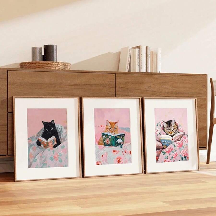 1pc Gift Funny Tabby Cat Reading Books Wall Arts Posters Vintage Wall Canvas Painting Book Lover Pet Decoration Pictures Print Optional Frame ,Wall Art With Frame - Multicolor - View 1