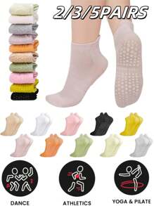 2/3/5 paires Chaussettes de yoga de couleur unie pour femmes, chaussettes antidérapantes avec adhérence pour le Pilates, pour l'exercice, l'hôpital, la salle de gym