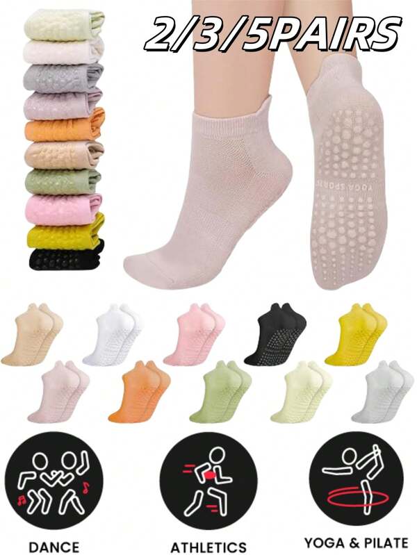 2/3/5 paires Chaussettes de yoga de couleur unie pour femmes, chaussettes antidérapantes avec adhérence pour le Pilates, pour l'exercice, l'hôpital, la salle de gym
