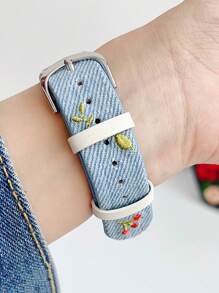 1 Stück Armband mit Stickerei für Damen, Blumen, Kirsche, Waschbares Denim-Leder, passend für Band 38mm 40mm 41mm 42mm 44mm 45mm 49mm S10 42mm S10 46mm, Stylisch, Niedlich, Bequem austauschbares Band kompatibel mit Series Ultra 2