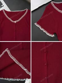 Maglietta in maglia a collo tondo stile francese, top cardigan sexy con inserti in pizzo e maniche corte, aderente