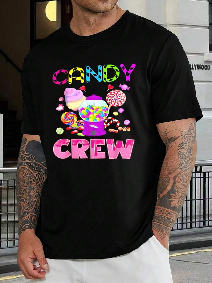 Camiseta Candy Crew - Diseño de chicles, piruletas y helados - Linda camiseta de algodón para fiestas de Halloween y uso casual - ¡El regalo perfecto para hombres! - Negro - Ver 1