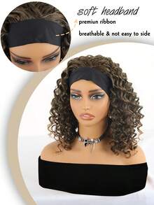 14inch HeadBand Wig Kinky Curly Wig For Women,  Deep Wave Headband Wig Glueless Half Wigs Synthetic Hair Curly  Headband Wig 1B/27# - 1b/27# - 查看 2