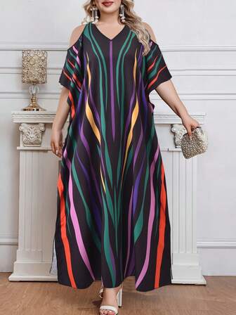 Women's Bohemian Full-Length Print V-Neck Batwing Sleeve Beach Resort Robe, Summer