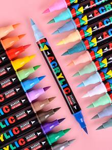 12/24支双色软头丙烯笔DIY水性丙烯墨水马克笔，颜色鲜艳，遮盖力强，快干防水，可堆叠颜色，多种颜色可自由搭配，适用于绘画、帆布绘画、玻璃DIY、涂鸦艺术绘画创作项目用品返校