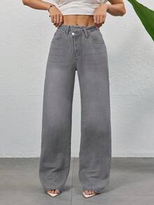 Vintage hellgraue Jeans, Damen Mode Design Lässig Straight Loose Schräg Knopf Jeans, Frühling/Sommer - Hellgrau - Übersicht 8