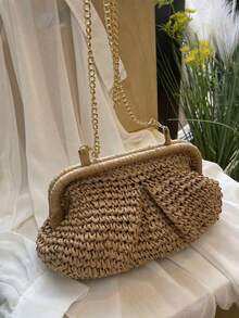 Straw Bag With Pleated Braided Pattern Clutch - Khaki - View 5