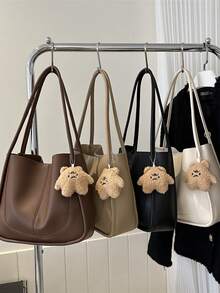 1pc Pu Material With Plush Star Pendant, Simple Solid Color Patchwork, 10 Capacity Women Tote Bag, Shoulder Bag, Handbag, Suitable For Ladies Daily Use, Business Travel, Multi-Functional Bag, Small Gift For Best Friends - Multicolor - View 1