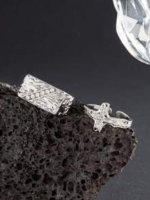 1 Set (2pcs) Men's Fashion Zinc Alloy Square Rhinestone Cross Midi Rings - Silver - View 4